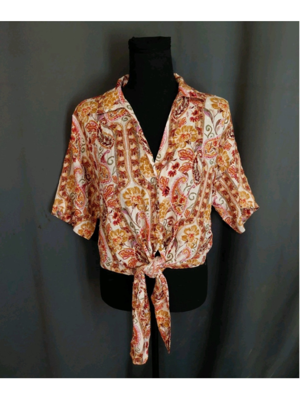 Autres Filles Anthropologie Orange Floral Paisley Boho Button Up Blouse S/P NWT